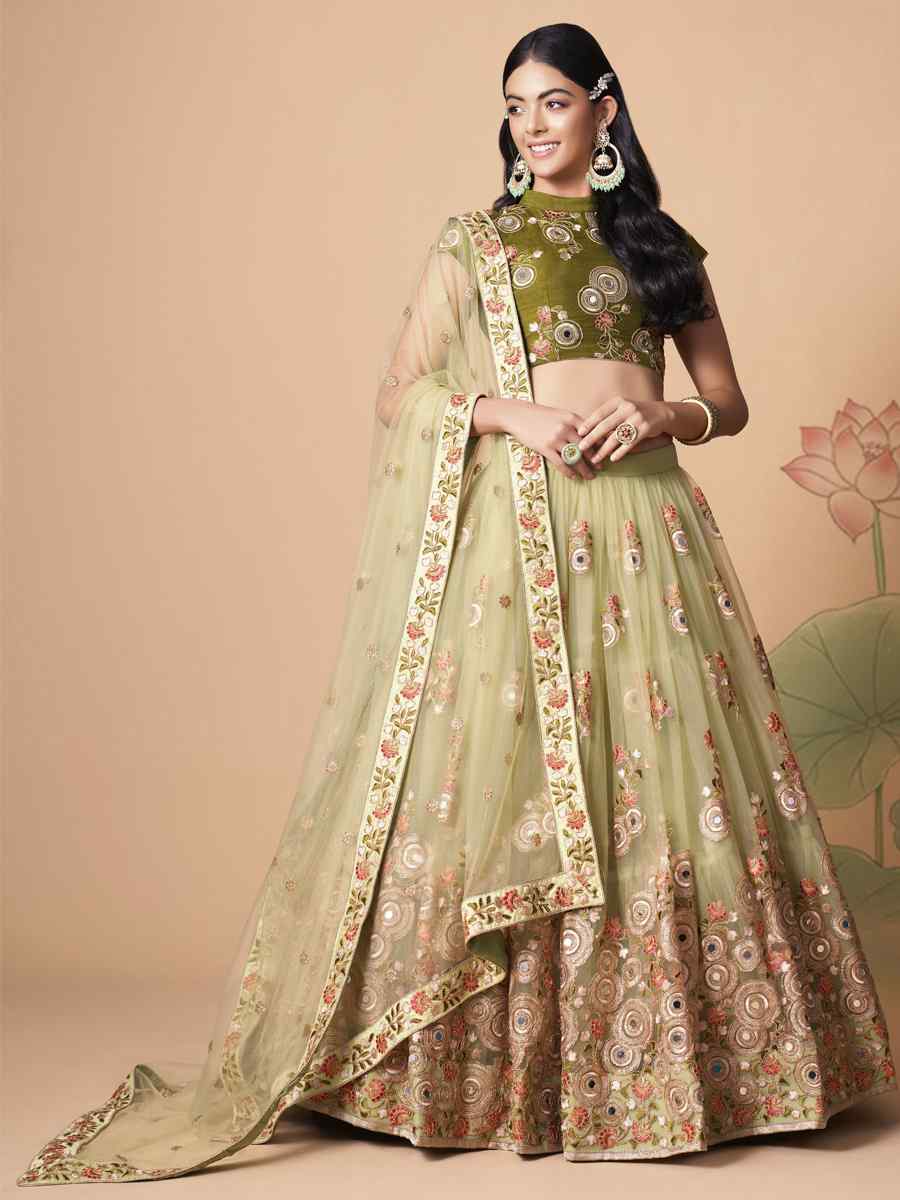 Pista Green Soft Net Embroidered Reception Festival Heavy Border Lehenga Choli