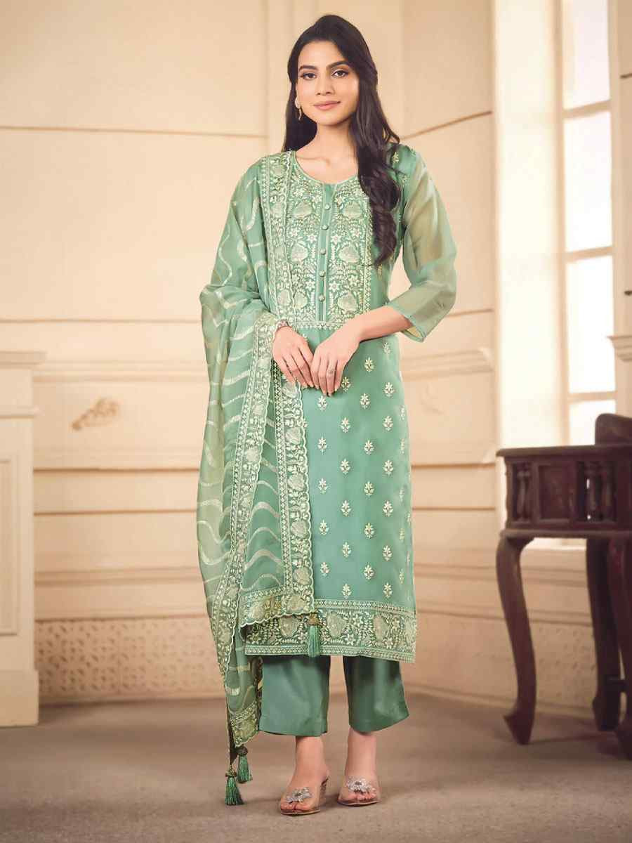 Pista Green Soft Organza Embroidered Festival Wedding Pant Salwar Kameez
