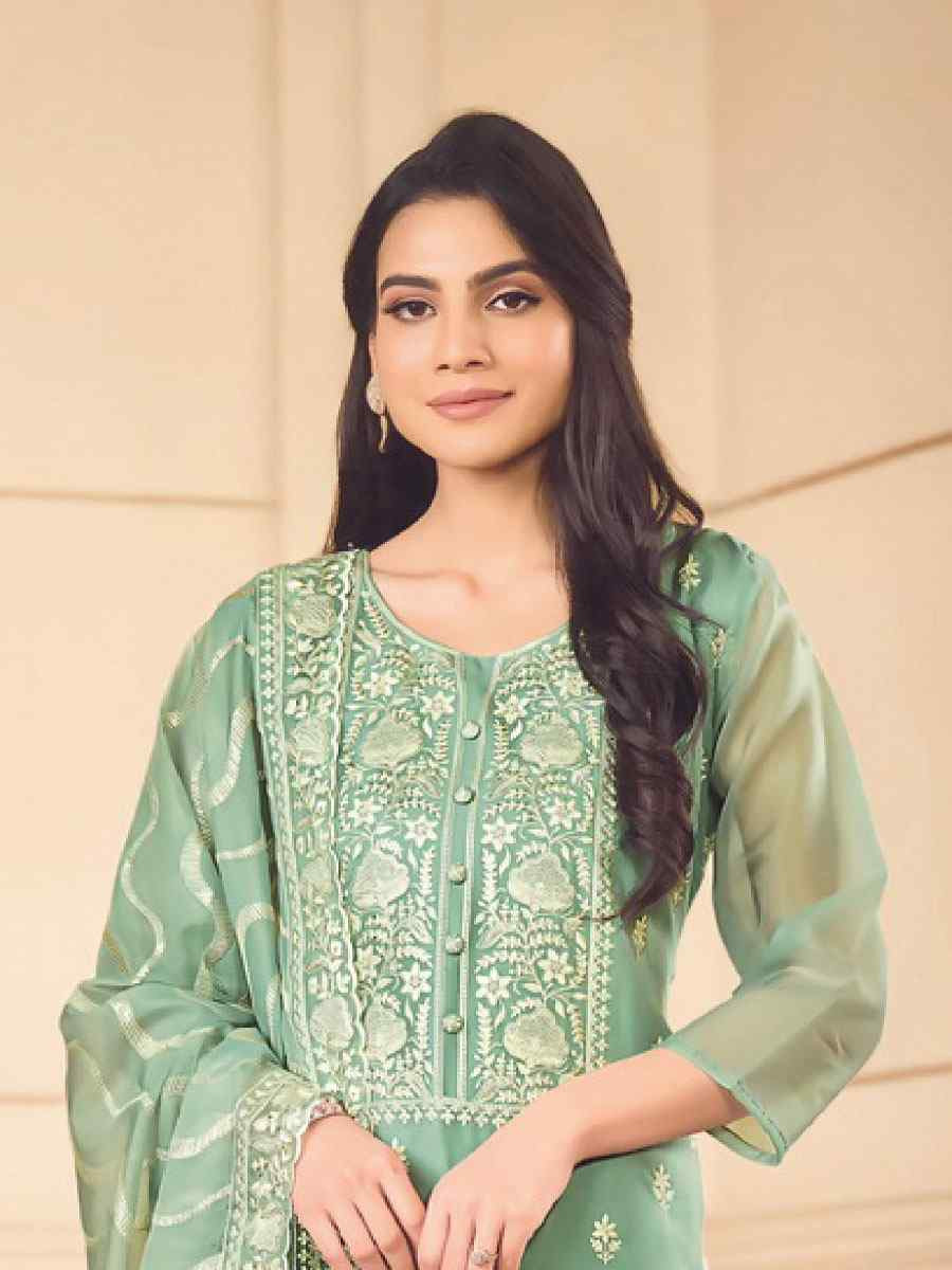 Pista Green Soft Organza Embroidered Festival Wedding Pant Salwar Kameez