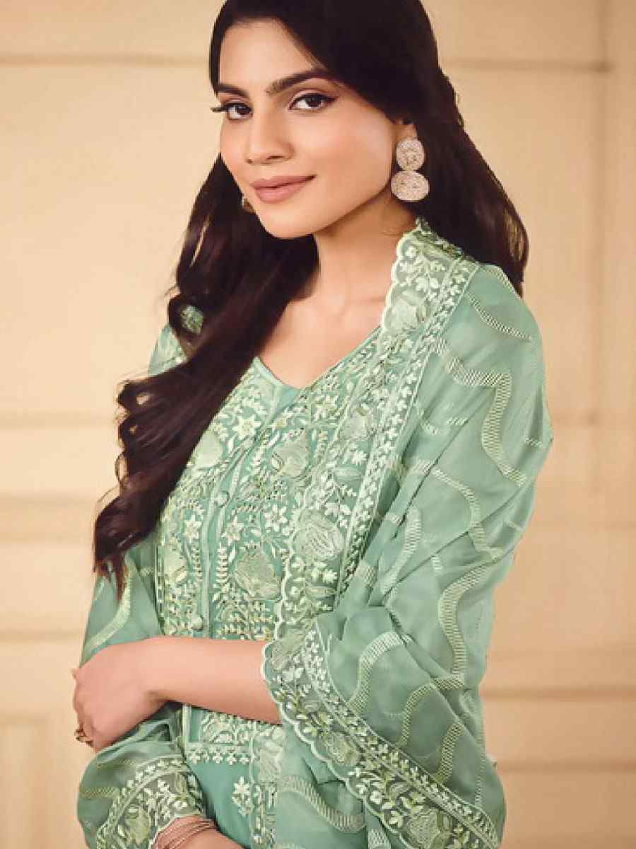 Pista Green Soft Organza Embroidered Festival Wedding Pant Salwar Kameez