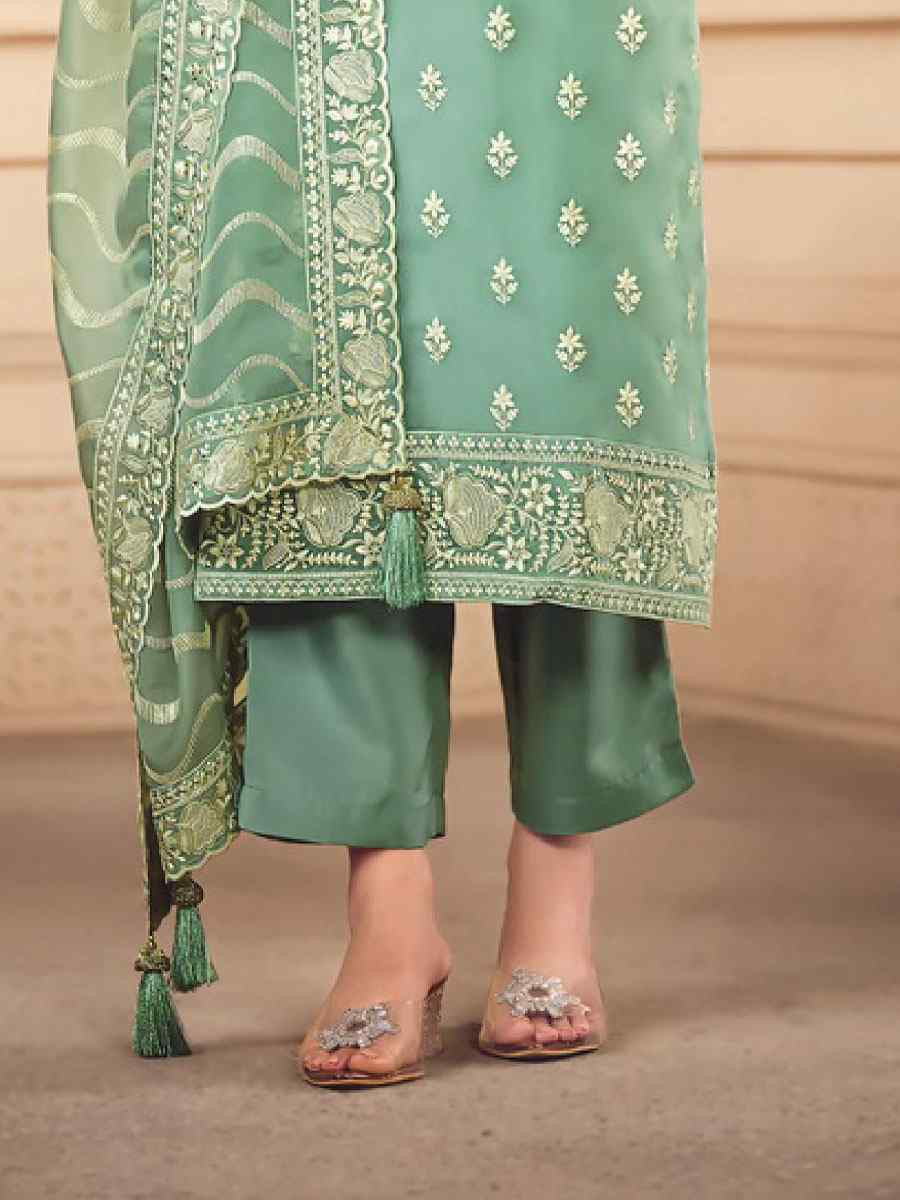 Pista Green Soft Organza Embroidered Festival Wedding Pant Salwar Kameez
