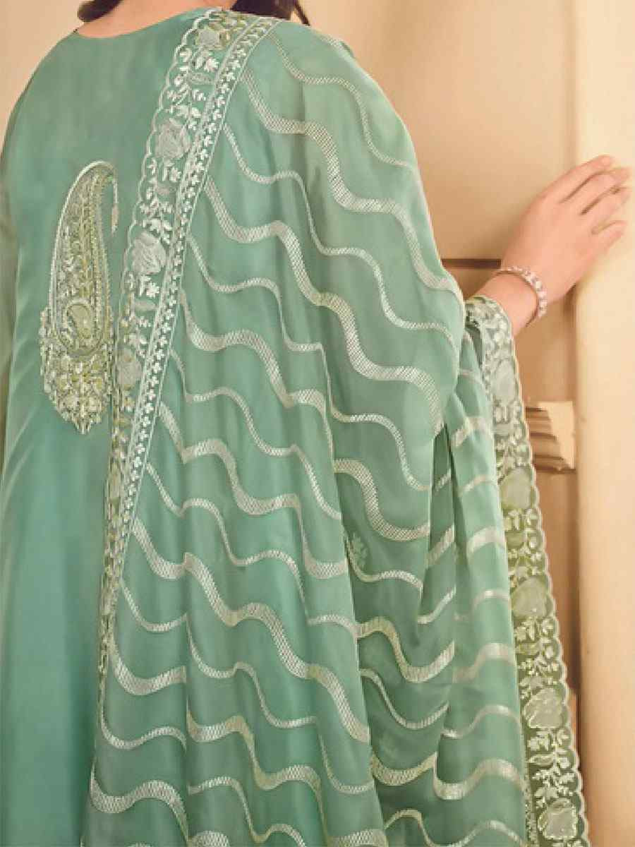 Pista Green Soft Organza Embroidered Festival Wedding Pant Salwar Kameez