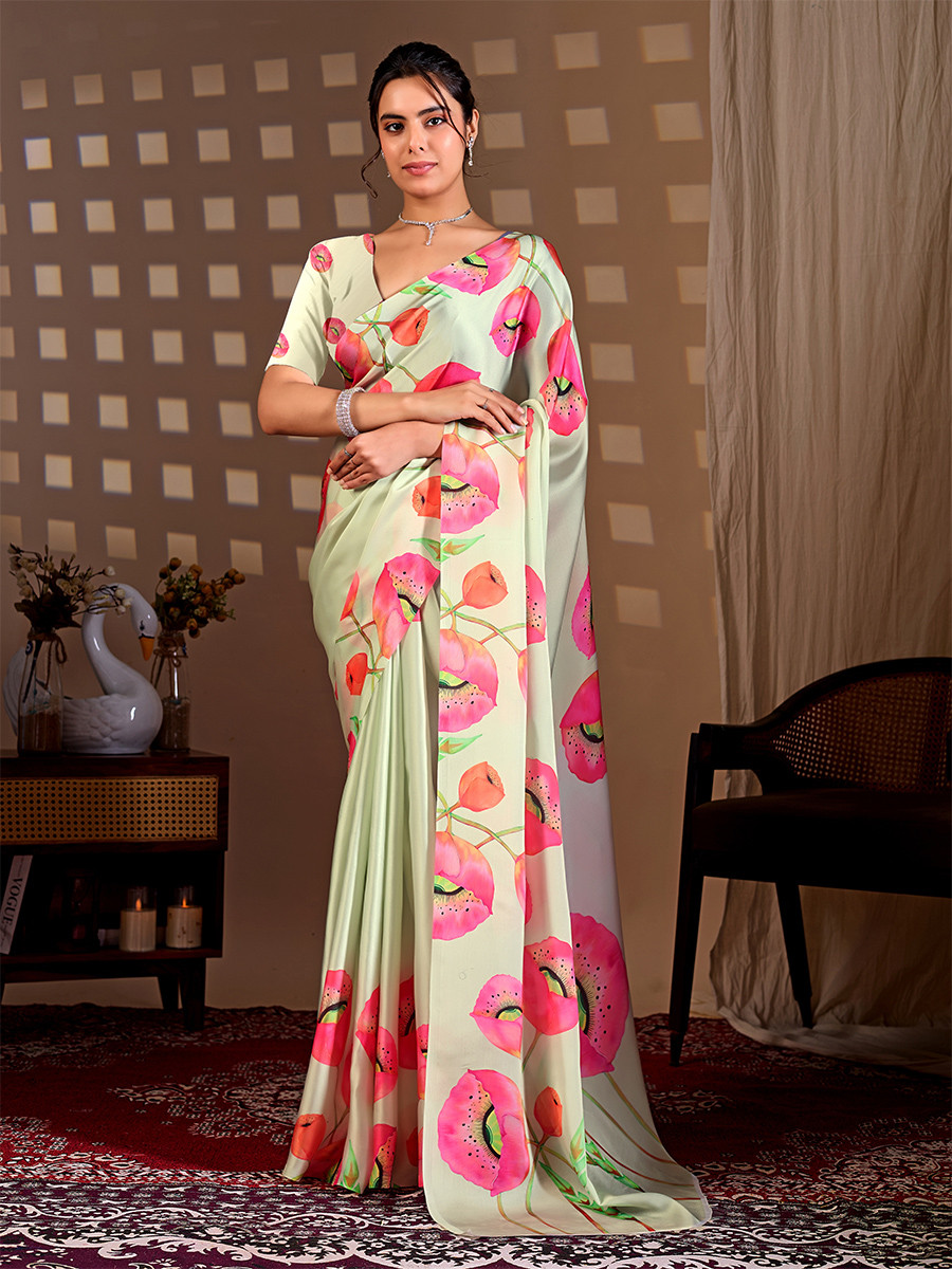 Pista Green Soft Satin Georgette Printed Wedding Reception Party Festival Casual Heavy Border Sarees
