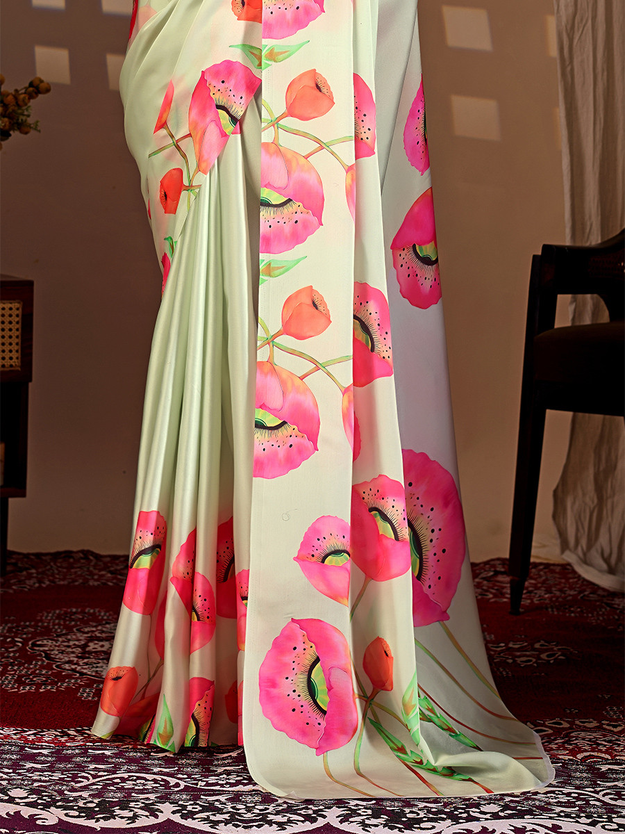 Pista Green Soft Satin Georgette Printed Wedding Reception Party Festival Casual Heavy Border Sarees