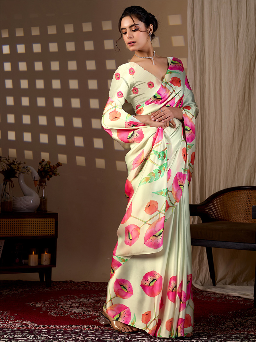 Pista Green Soft Satin Georgette Printed Wedding Reception Party Festival Casual Heavy Border Sarees