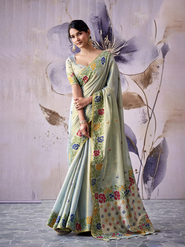 Image of Pista Green Tissue Silk Handwoven Wedding Reception Party Festival Casual Heavy Border Sarees