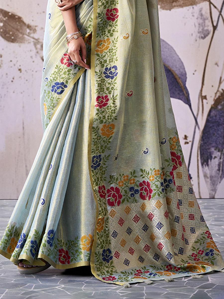Pista Green Tissue Silk Handwoven Wedding Reception Party Festival Casual Heavy Border Sarees