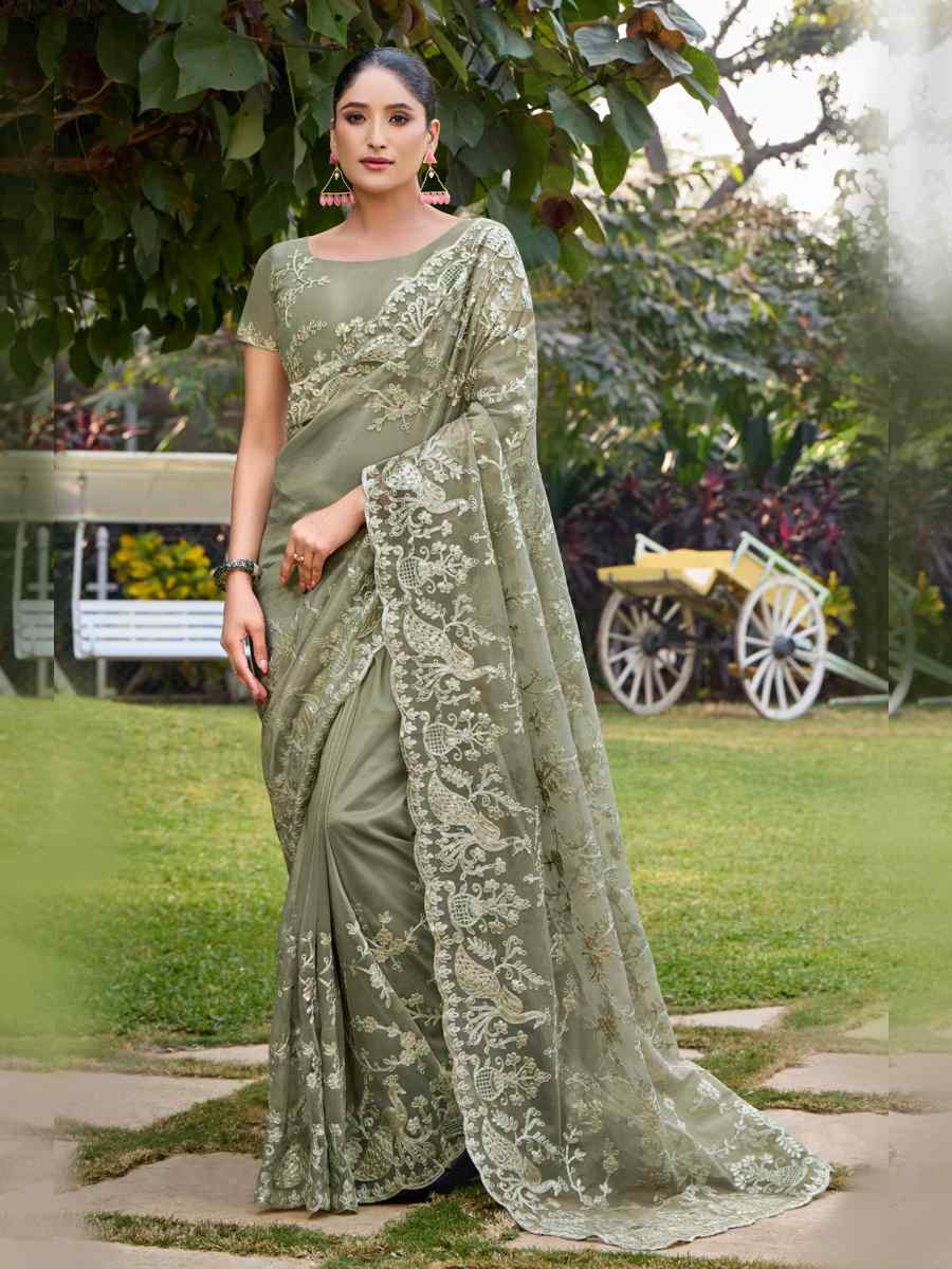 Pista Green Twill Net Embroidered Casual Festival Wedding Heavy Border Saree