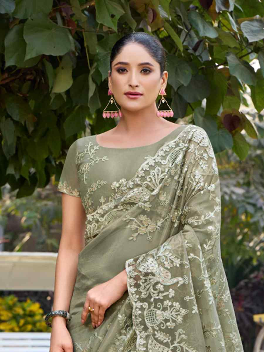 Pista Green Twill Net Embroidered Casual Festival Wedding Heavy Border Saree