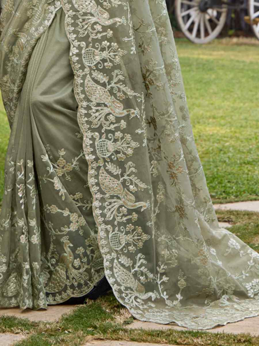 Pista Green Twill Net Embroidered Casual Festival Wedding Heavy Border Saree