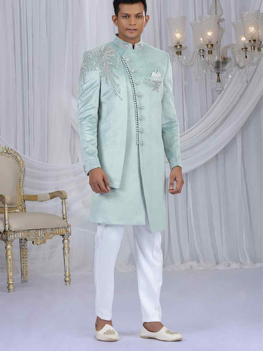 Pista Green Valvet Embroidered Festival Wedding Mens Sherwani