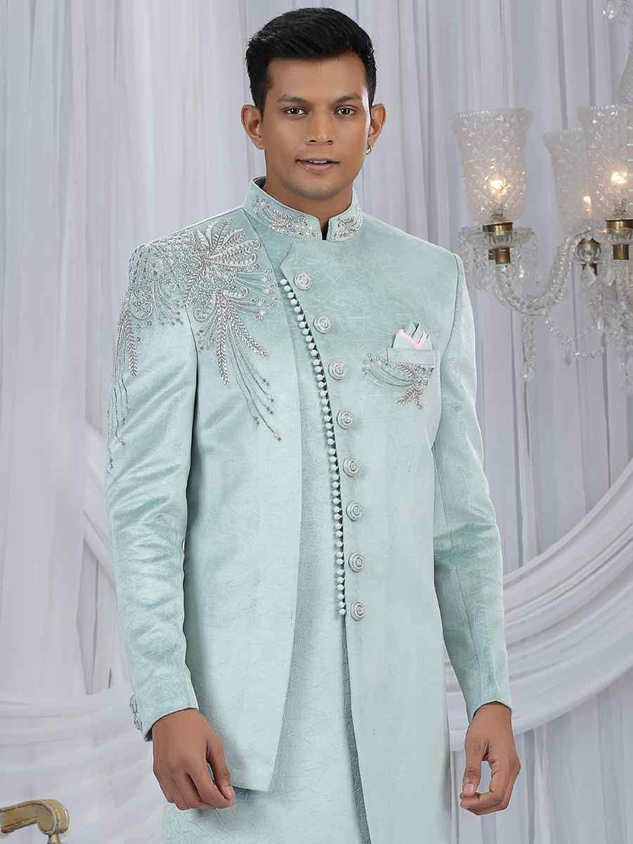Pista Green Valvet Embroidered Festival Wedding Mens Sherwani