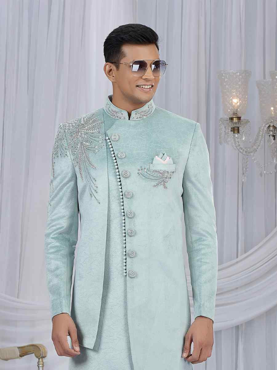 Pista Green Valvet Embroidered Festival Wedding Mens Sherwani