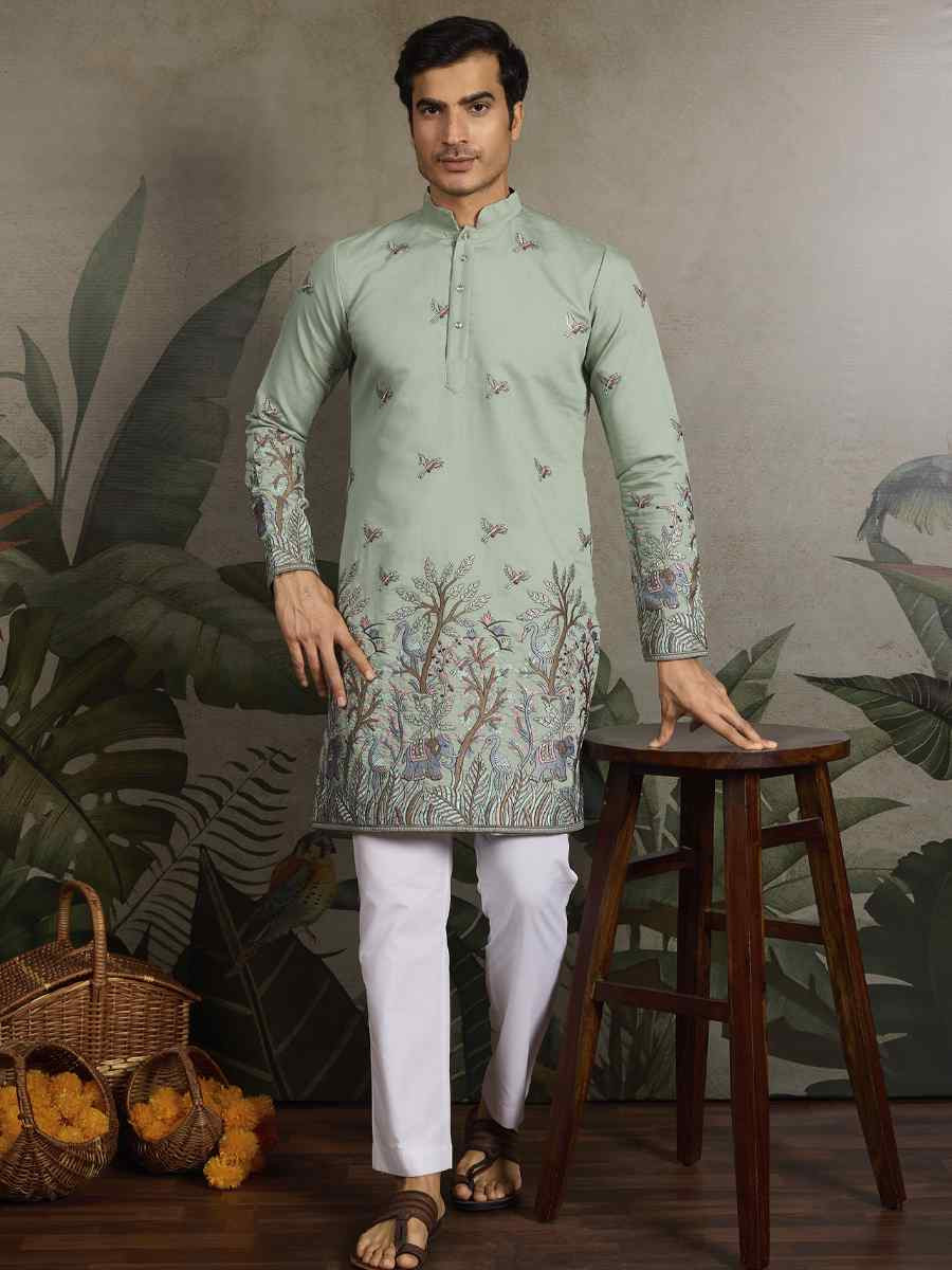 Pista Green Viscose Silk Embroidery And Printed Festival Wedding Party Mens Kurta
