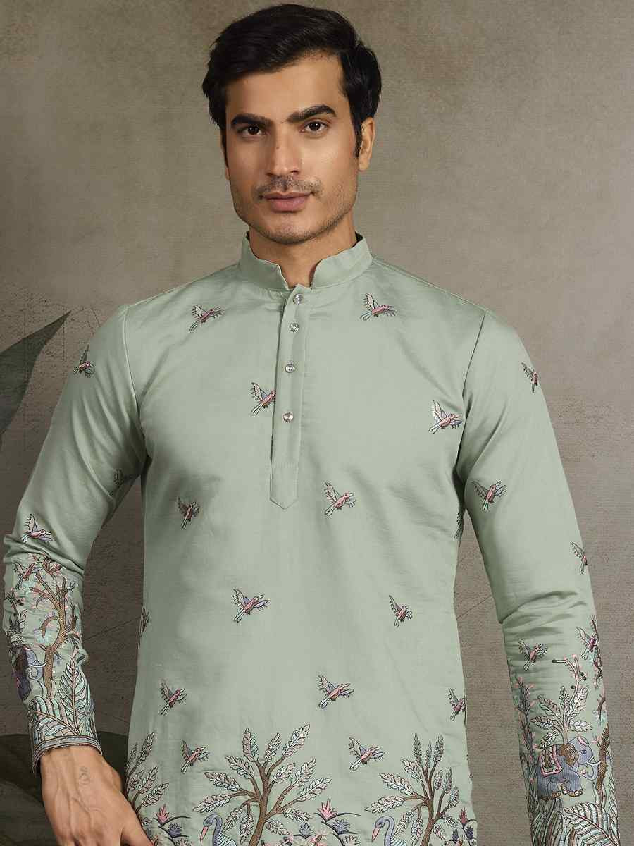 Pista Green Viscose Silk Embroidery And Printed Festival Wedding Party Mens Kurta