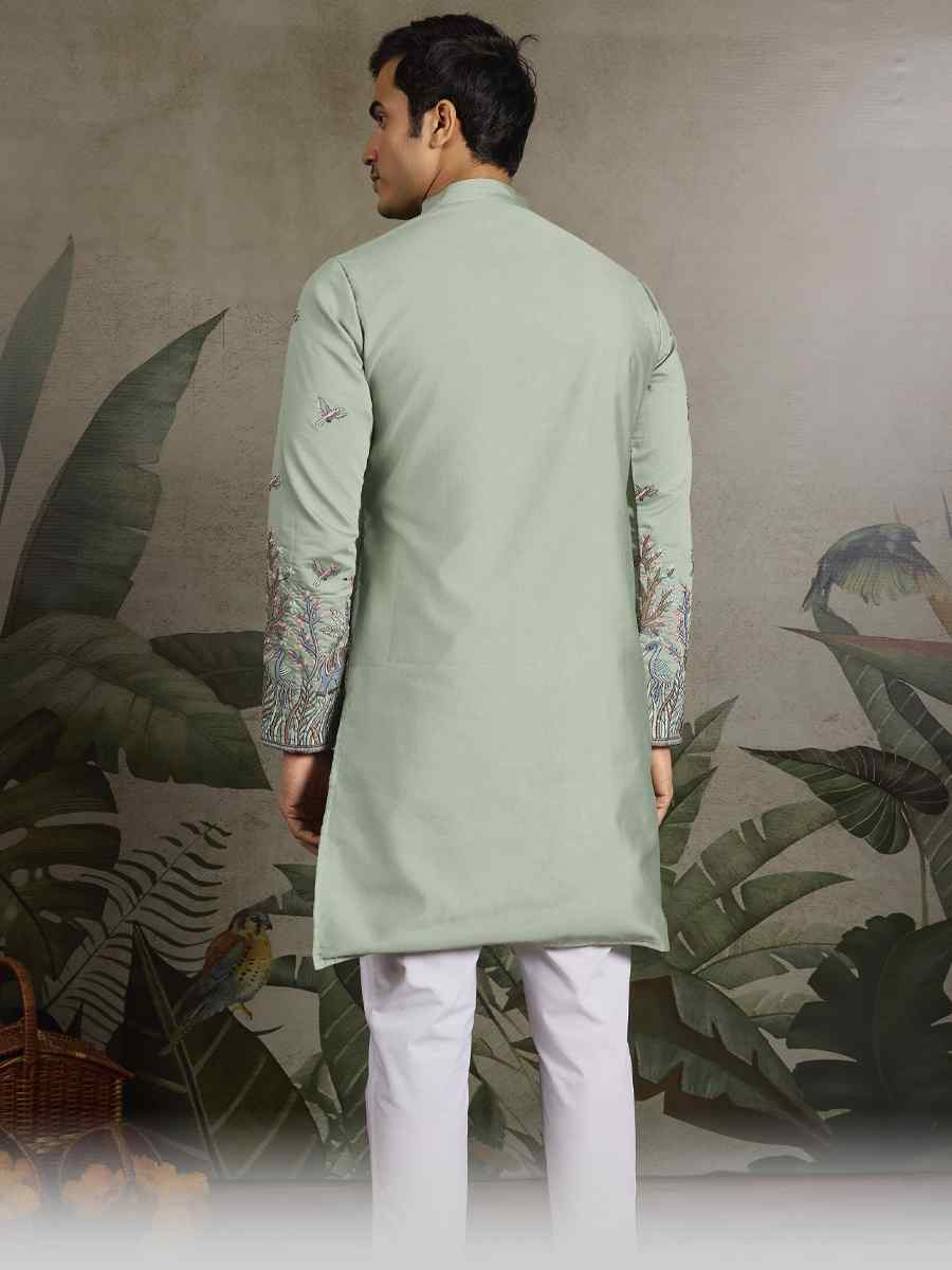 Pista Green Viscose Silk Embroidery And Printed Festival Wedding Party Mens Kurta