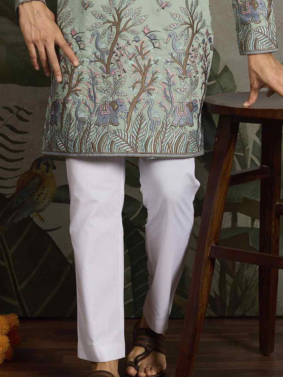 Pista Green Viscose Silk Embroidery And Printed Festival Wedding Party Mens Kurta