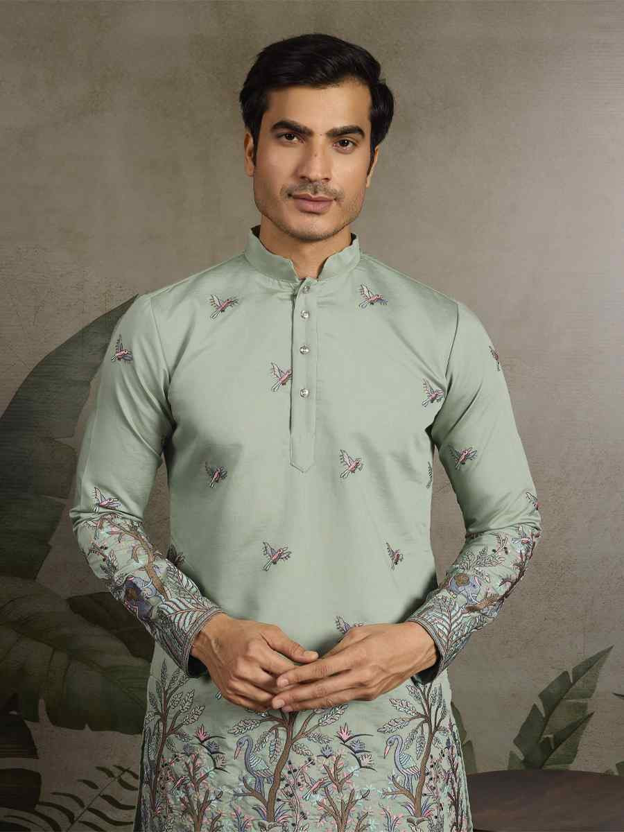 Pista Green Viscose Silk Embroidery And Printed Festival Wedding Party Mens Kurta