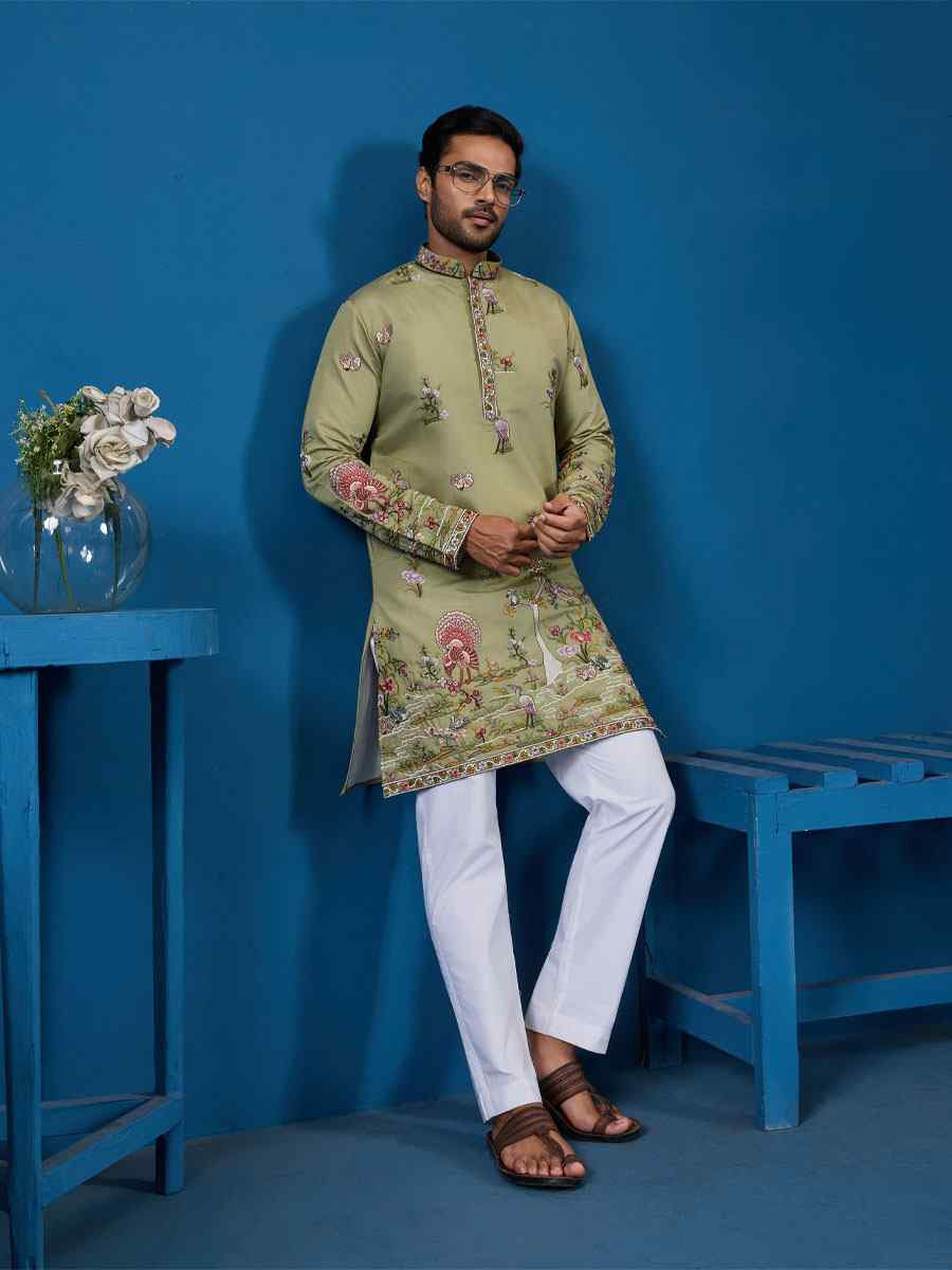 Pista Green Viscose Silk Embroidery Festival Wedding Party Mens Kurta