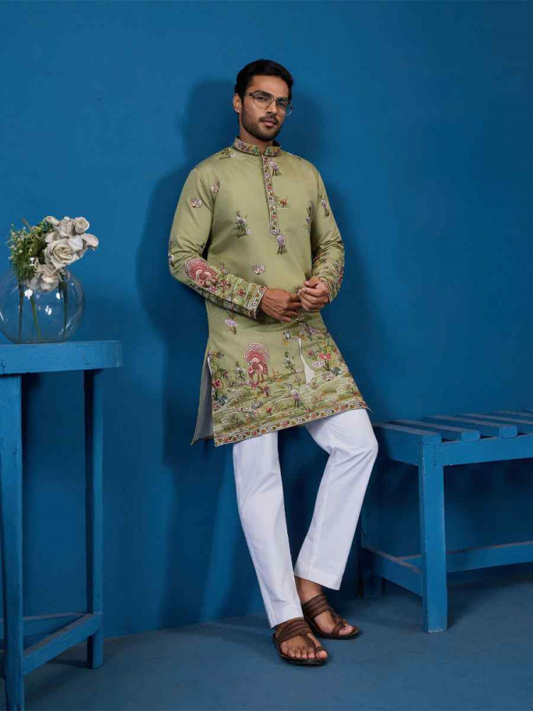 Image of Pista Green Viscose Silk Embroidery Festival Wedding Party Mens Kurta