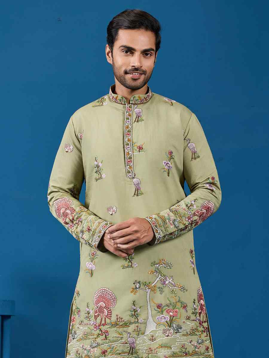 Pista Green Viscose Silk Embroidery Festival Wedding Party Mens Kurta