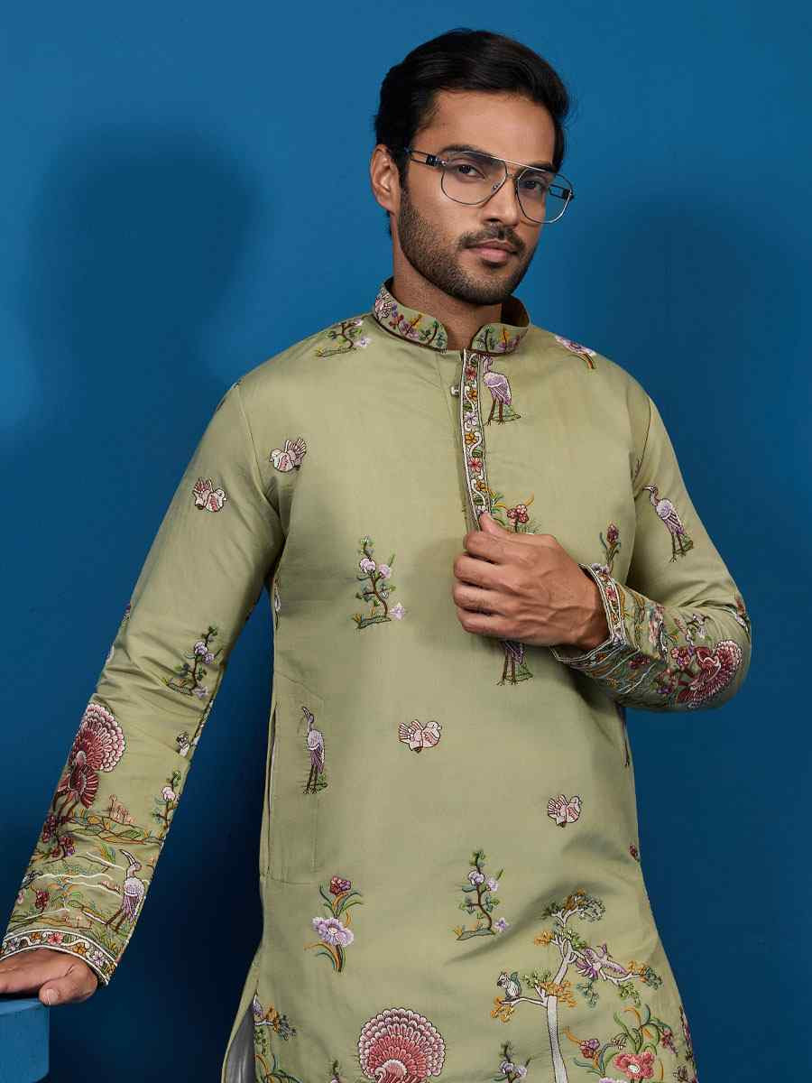 Pista Green Viscose Silk Embroidery Festival Wedding Party Mens Kurta