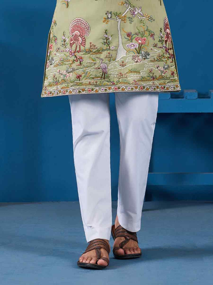 Pista Green Viscose Silk Embroidery Festival Wedding Party Mens Kurta
