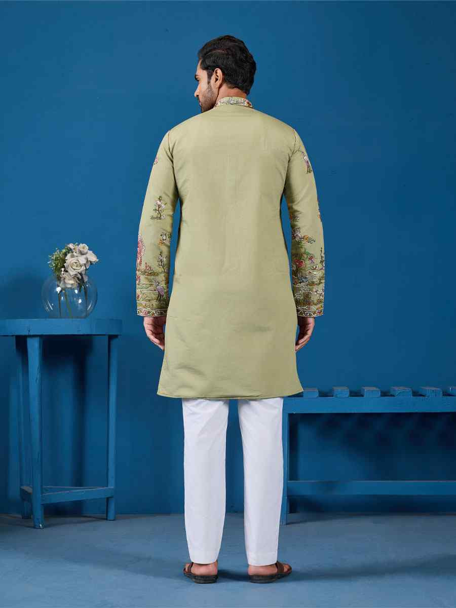Pista Green Viscose Silk Embroidery Festival Wedding Party Mens Kurta