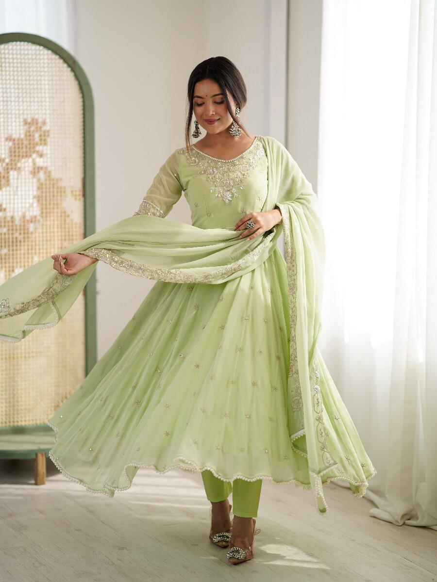 Pista Heavy Blooming Faux Georgette Embroidery Sequins Stone Work Wedding Party Festival Casual Ready Anarkali Salwar Kameez Pant Salwar Kameez
