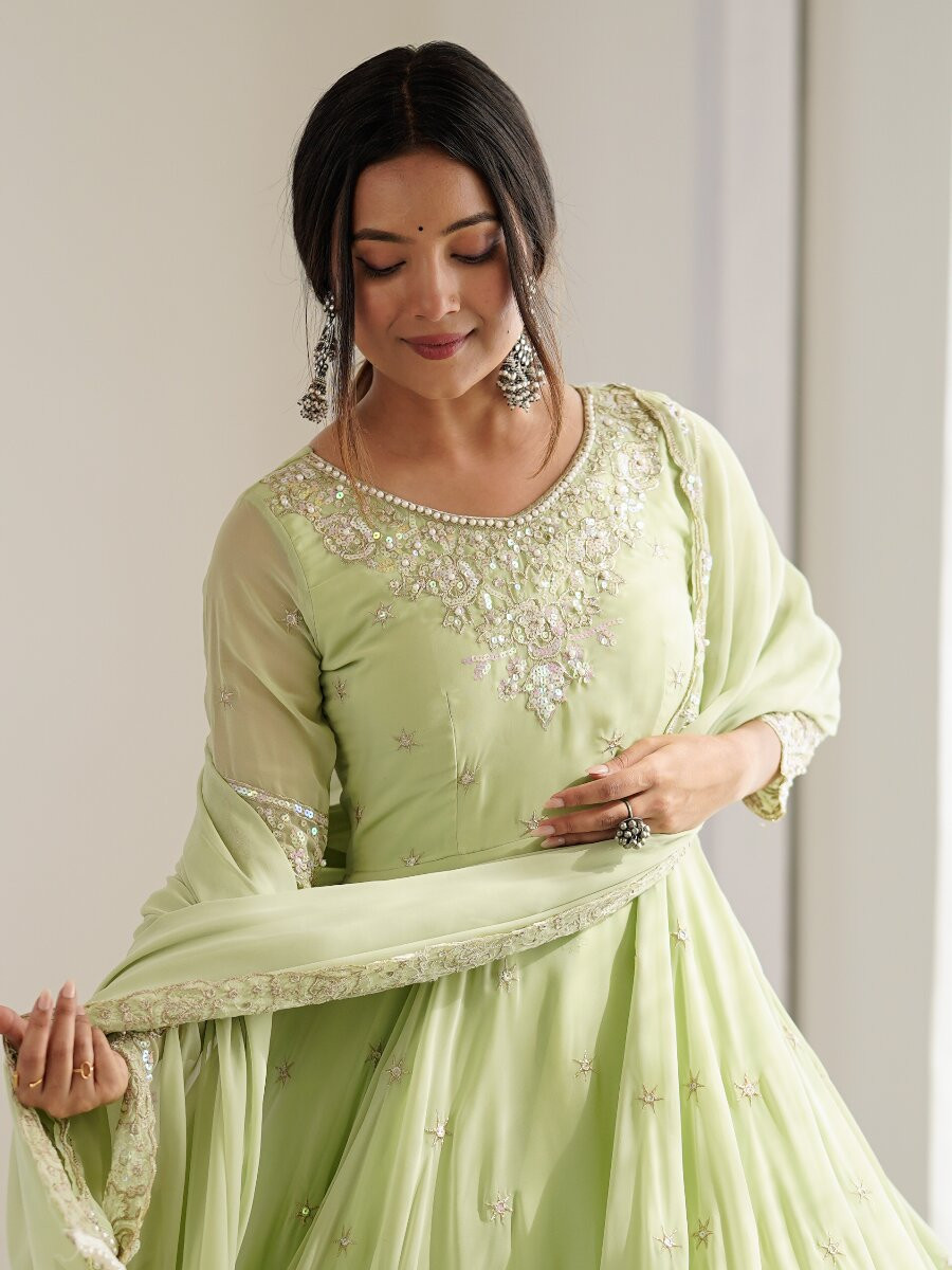 Pista Heavy Blooming Faux Georgette Embroidery Sequins Stone Work Wedding Party Festival Casual Ready Anarkali Salwar Kameez Pant Salwar Kameez