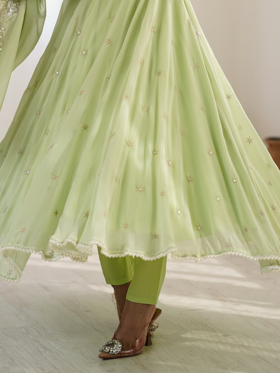 Pista Heavy Blooming Faux Georgette Embroidery Sequins Stone Work Wedding Party Festival Casual Ready Anarkali Salwar Kameez Pant Salwar Kameez