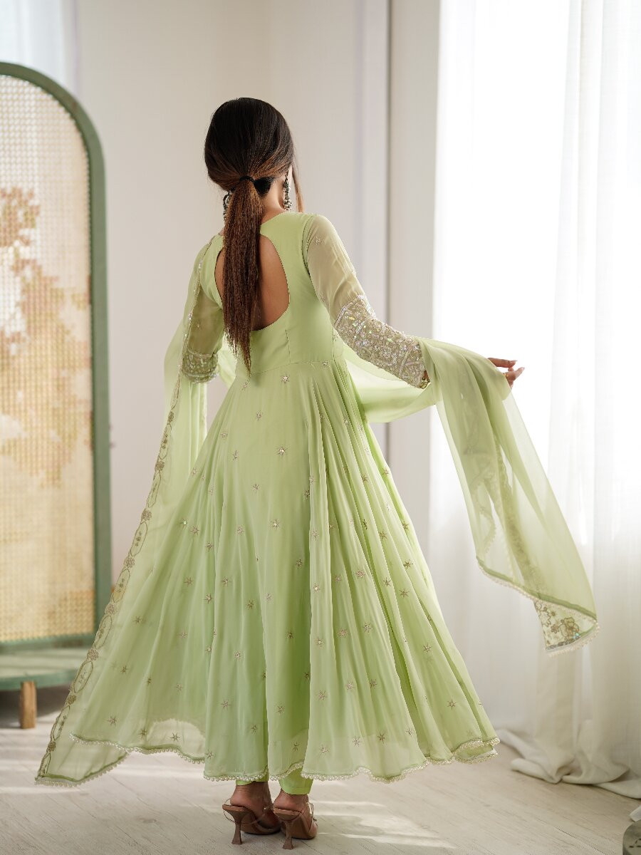 Pista Heavy Blooming Faux Georgette Embroidery Sequins Stone Work Wedding Party Festival Casual Ready Anarkali Salwar Kameez Pant Salwar Kameez