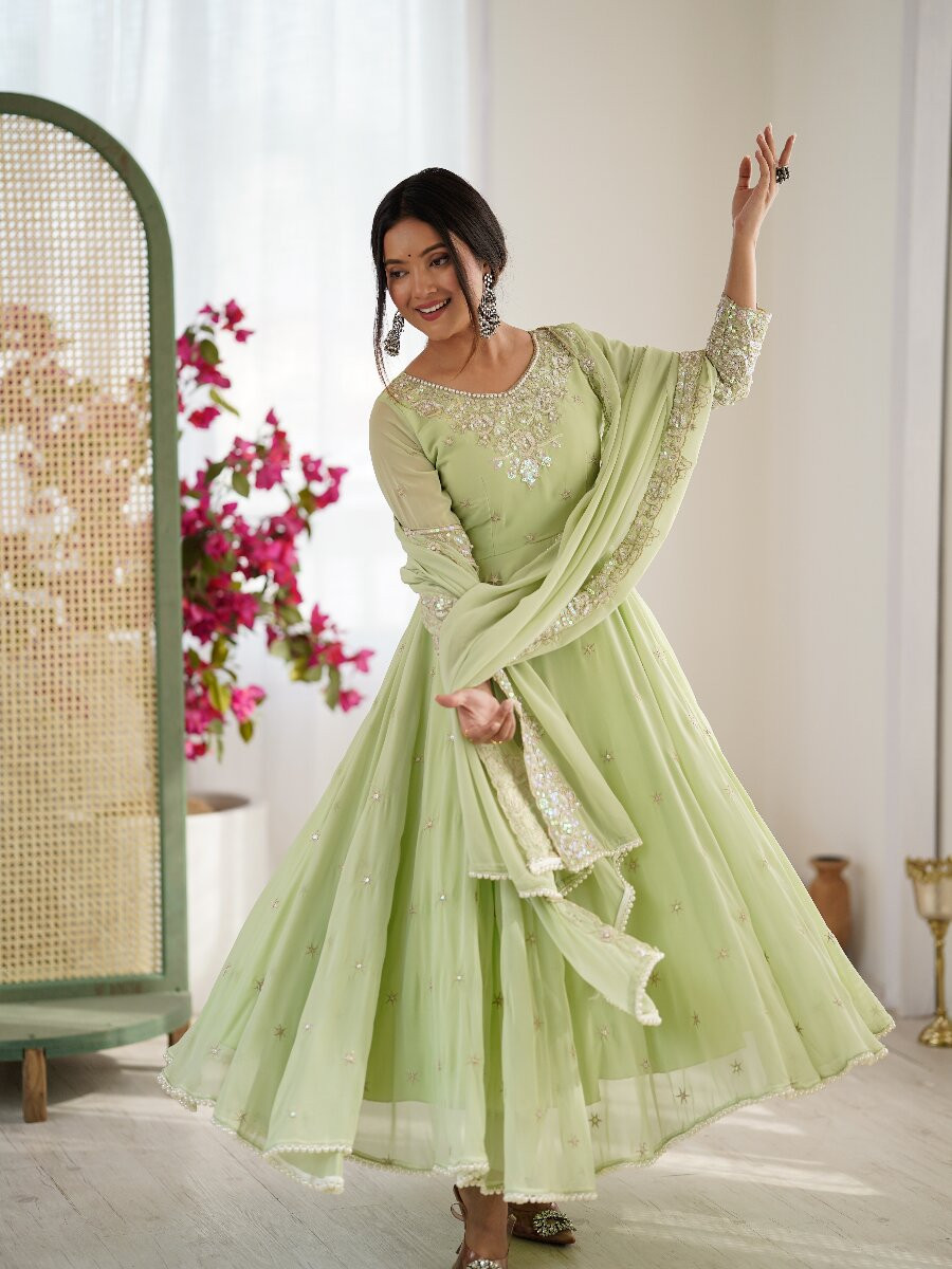 Pista Heavy Blooming Faux Georgette Embroidery Sequins Stone Work Wedding Party Festival Casual Ready Anarkali Salwar Kameez Pant Salwar Kameez