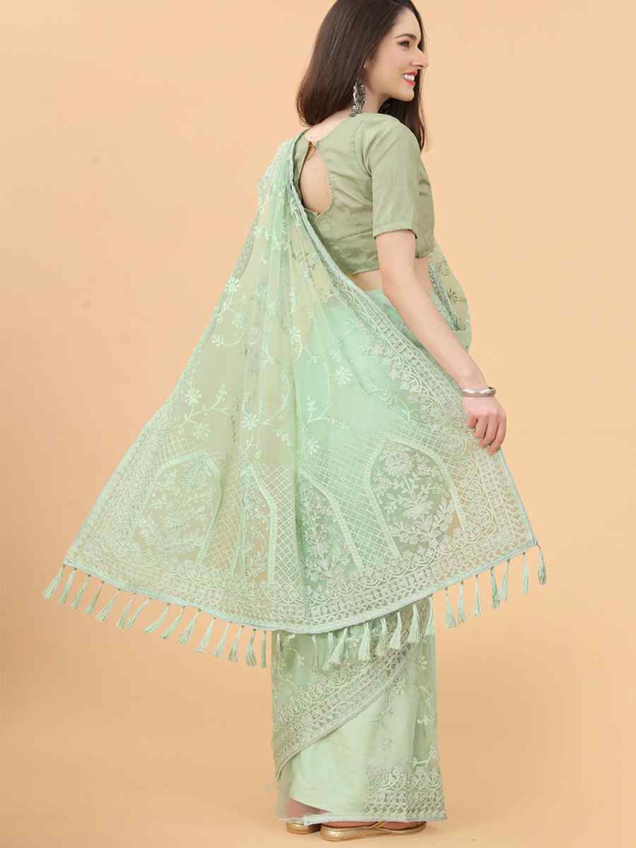 Pista Heavy Butterfly Net Embroidered Party Festival Heavy Border Saree
