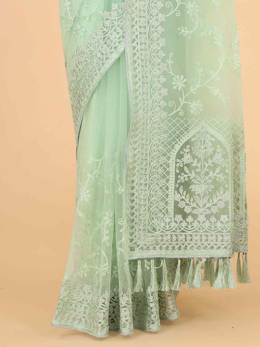 Pista Heavy Butterfly Net Embroidered Party Festival Heavy Border Saree