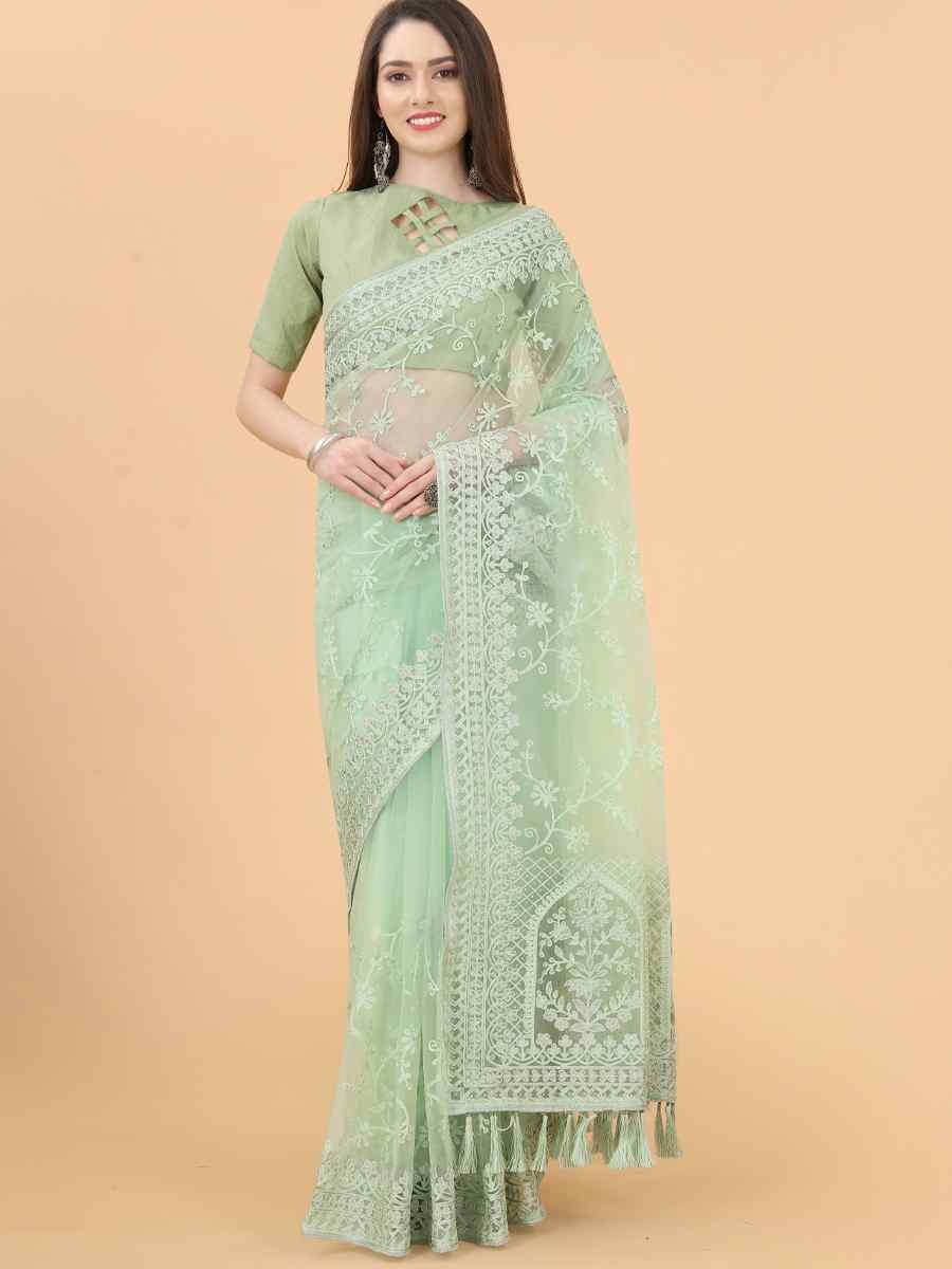 Pista Heavy Butterfly Net Embroidered Party Festival Heavy Border Saree