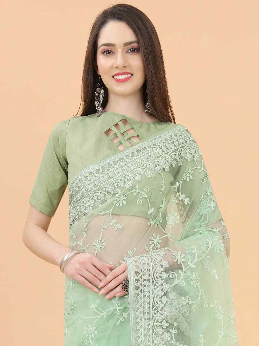Pista Heavy Butterfly Net Embroidered Party Festival Heavy Border Saree