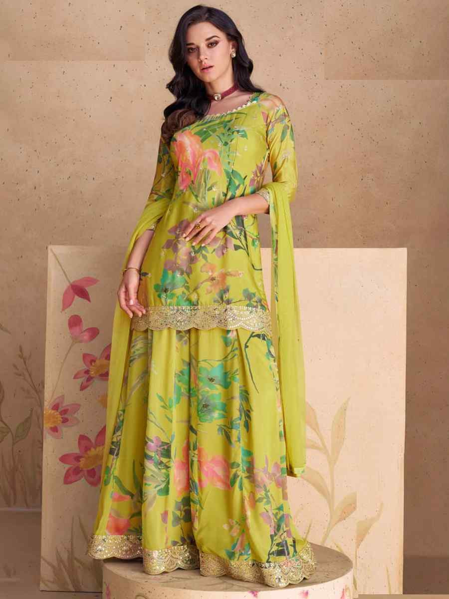 Pista Heavy Chinon Embroidered Festival Wedding Sharara Pant Salwar Kameez