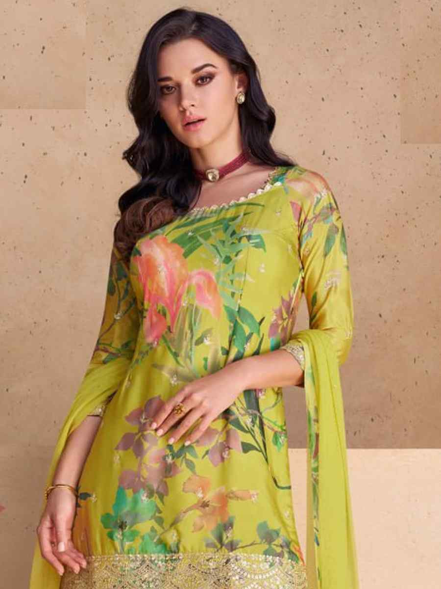 Pista Heavy Chinon Embroidered Festival Wedding Sharara Pant Salwar Kameez