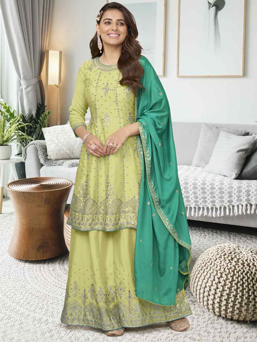 Pista Heavy Chinon Embroidered Festival Wedding Sharara Pant Salwar Kameez