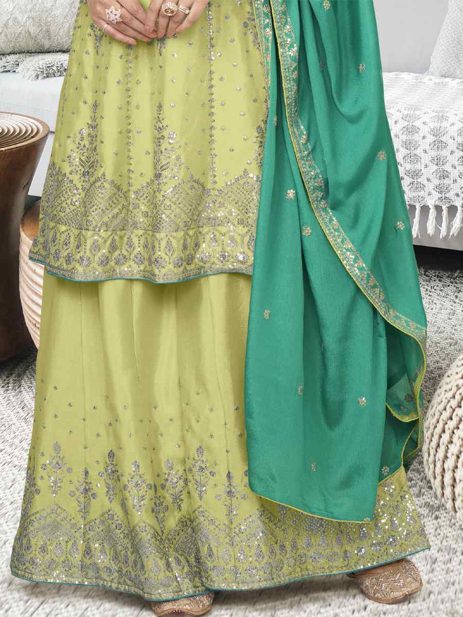 Pista Heavy Chinon Embroidered Festival Wedding Sharara Pant Salwar Kameez