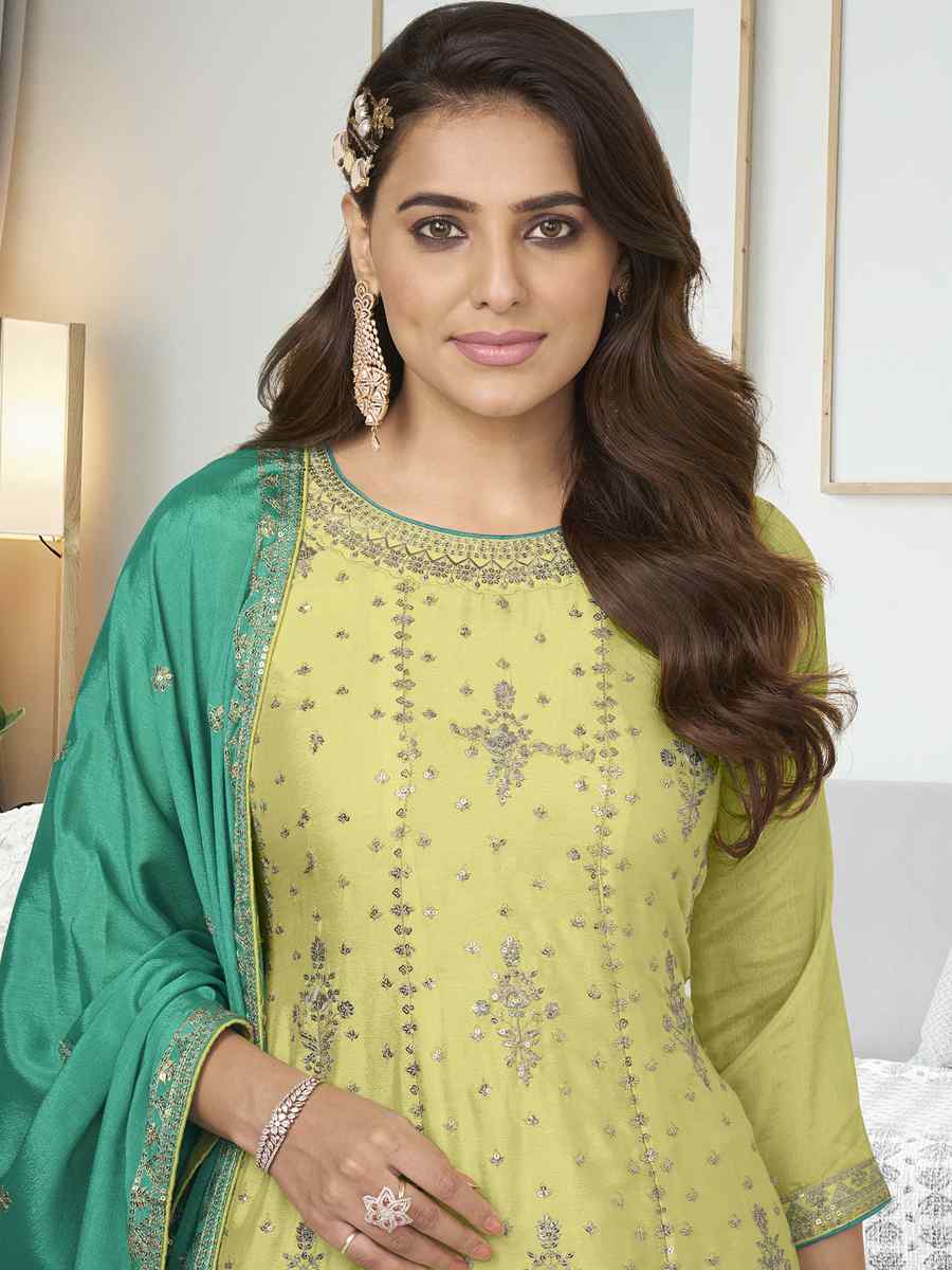 Pista Heavy Chinon Embroidered Festival Wedding Sharara Pant Salwar Kameez