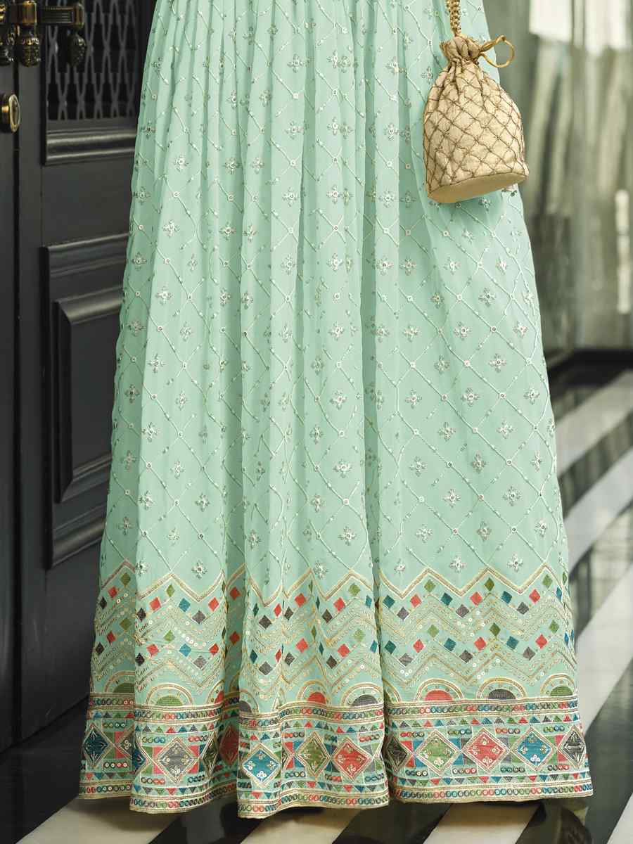 Pista Heavy Faux Georgette Embroidered Festival Wedding Anarkali Salwar Kameez