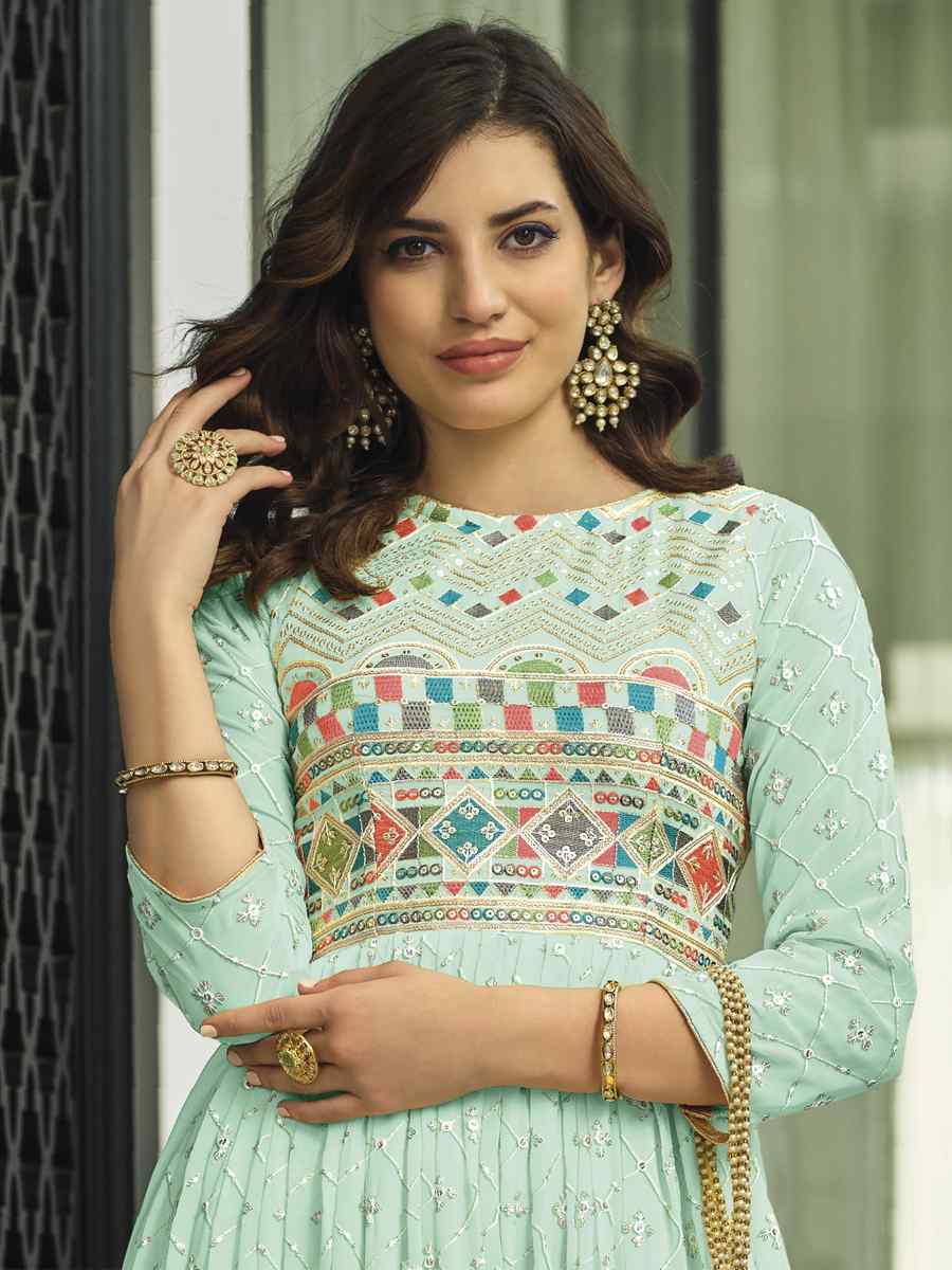 Pista Heavy Faux Georgette Embroidered Festival Wedding Anarkali Salwar Kameez