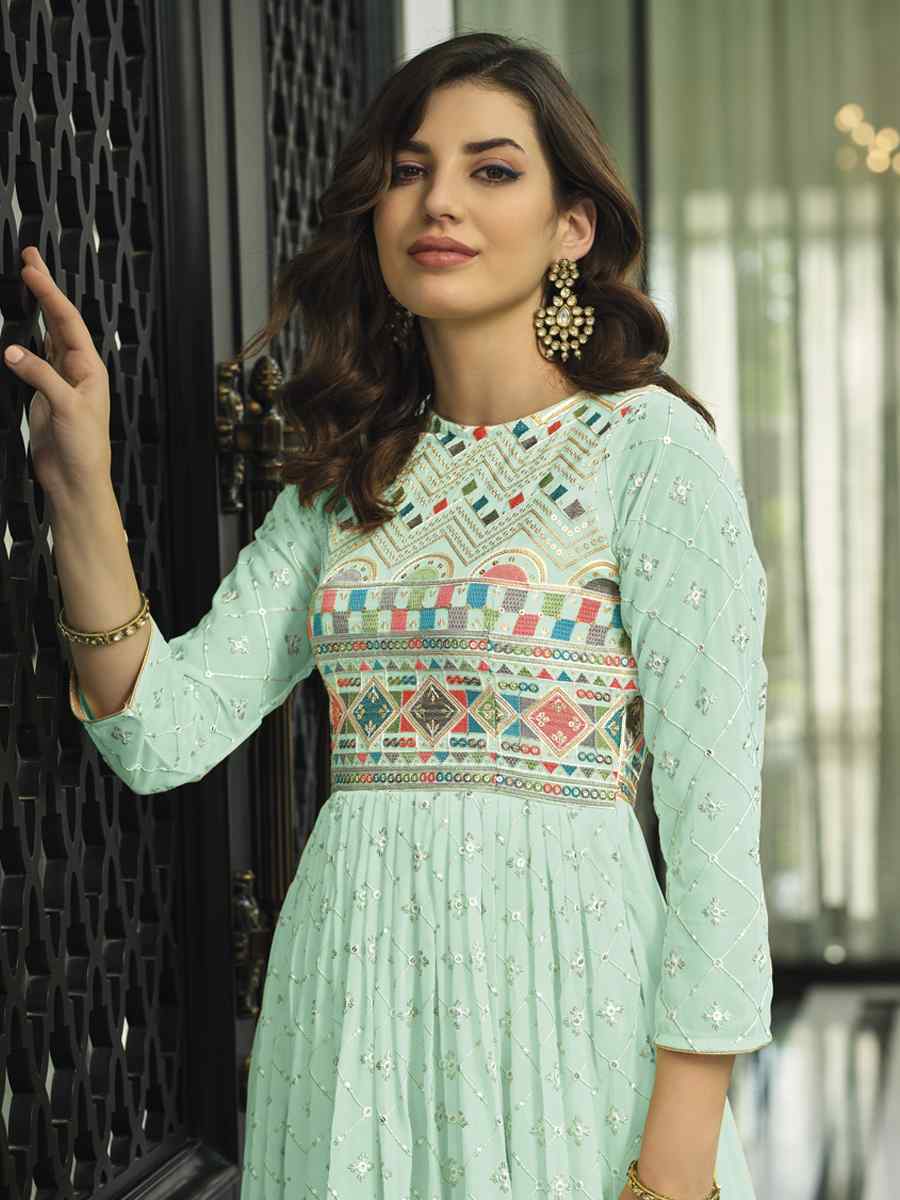 Pista Heavy Faux Georgette Embroidered Festival Wedding Anarkali Salwar Kameez
