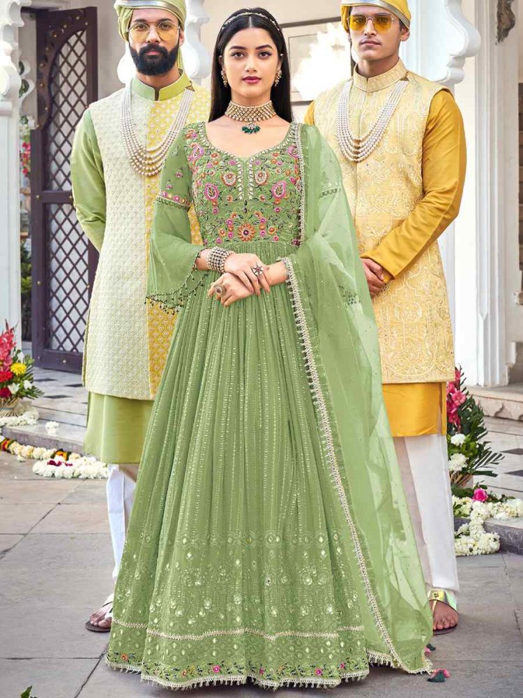 Pista Heavy Faux Georgette Embroidered Festival Wedding Anarkali Salwar Kameez