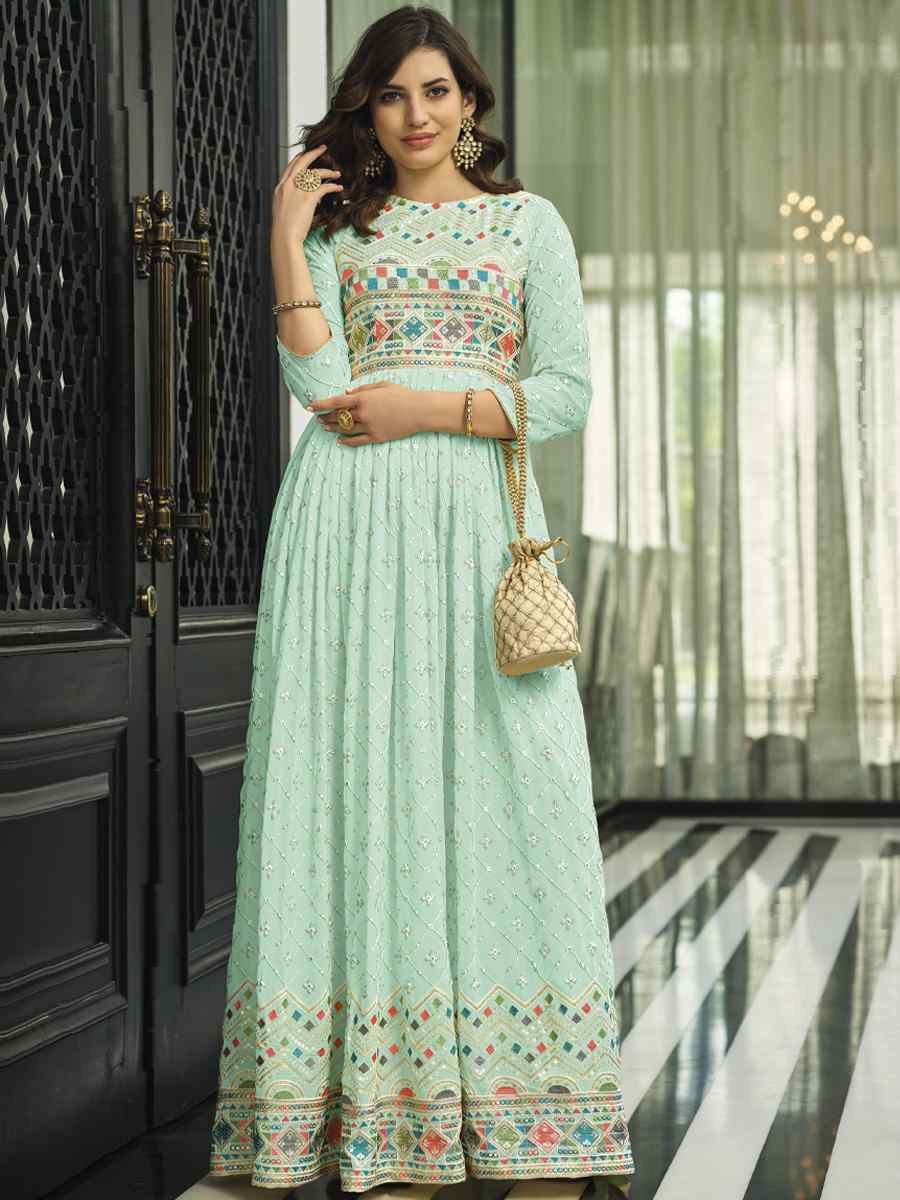 Pista Heavy Faux Georgette Embroidered Festival Wedding Anarkali Salwar Kameez