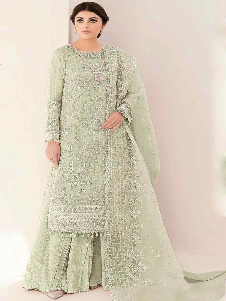 Pista Heavy Faux Georgette Embroidered Festival Wedding Palazzo Pant Salwar Kameez