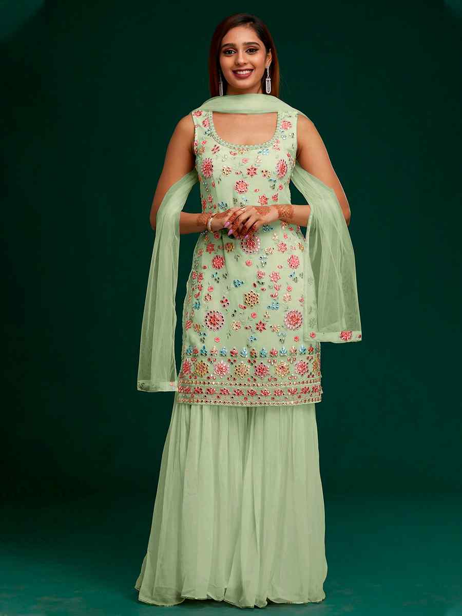 Pista Heavy Faux Georgette Embroidered Festival Wedding Palazzo Pant Salwar Kameez