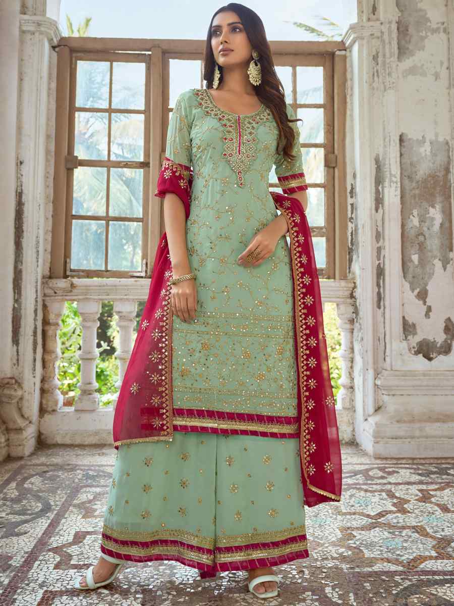 Pista Heavy Faux Georgette Embroidered Festival Wedding Palazzo Pant Salwar Kameez